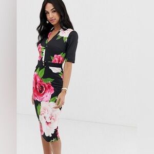 Ted Baker Gilanno Dress Black Pink Floral Half Sleeve Belted Sz US 10 /TB4